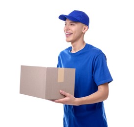 Photo of Happy courier with parcel on white background