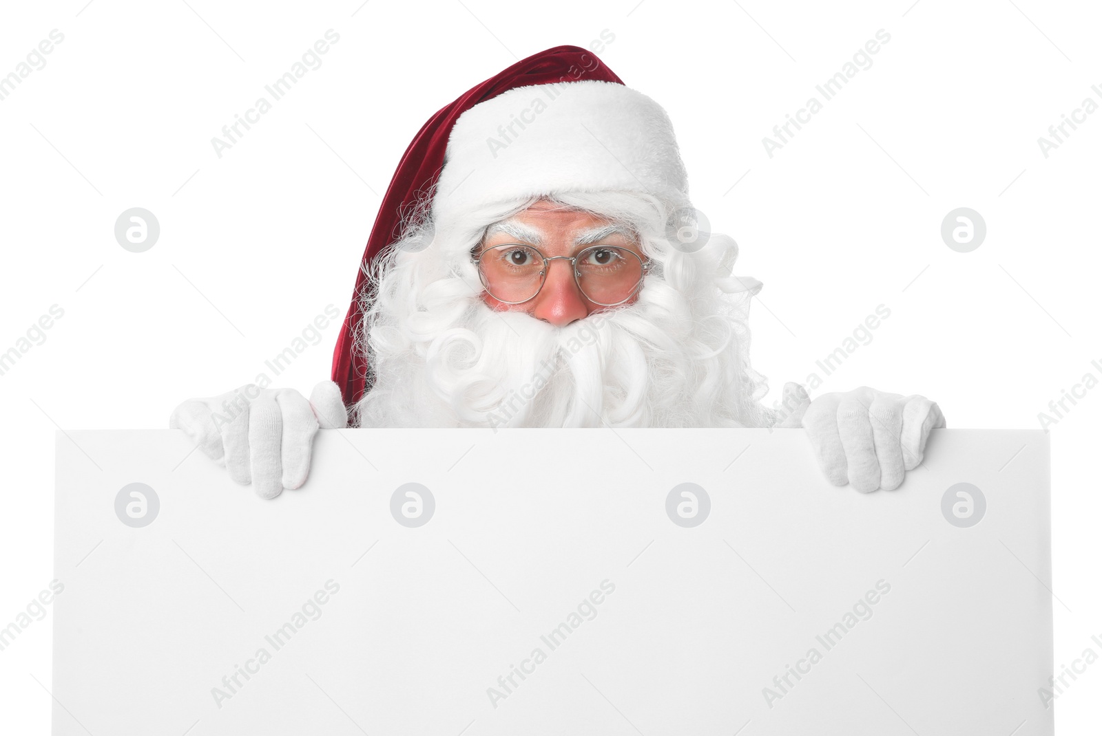 Photo of Santa Claus with blank banner on white background