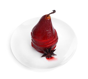 Tasty red wine poached pear isolated on white