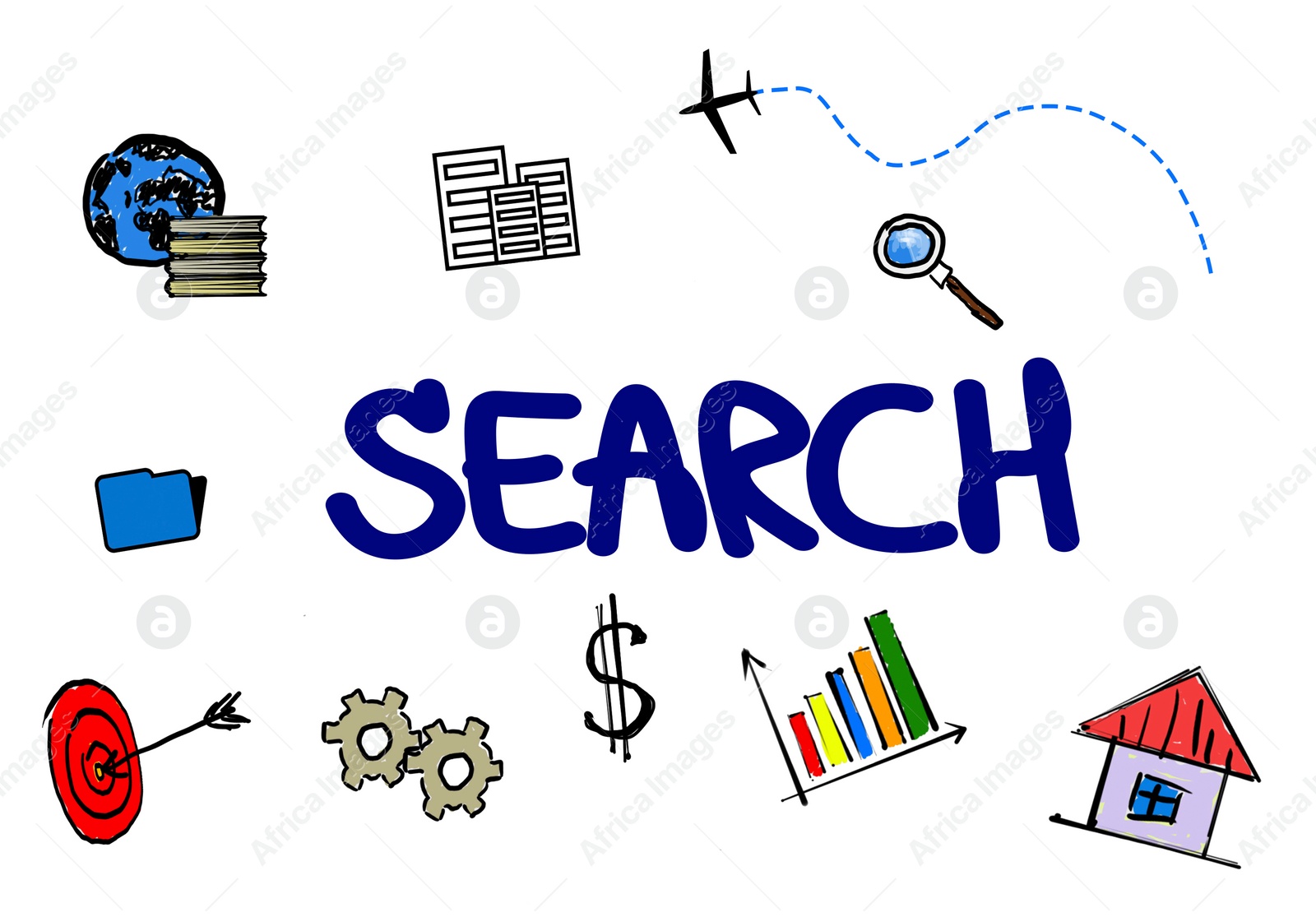 Illustration of SEO concept. Word SEARCH and different drawings on white background, illustration