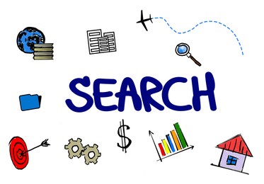 SEO concept. Word SEARCH and different drawings on white background, illustration