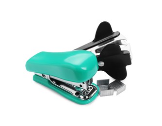 Photo of New bright stapler and staple remover isolated on white