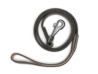 Photo of Black leather dog leash isolated on white, top view