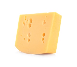 Photo of Piece of delicious cheese on white background