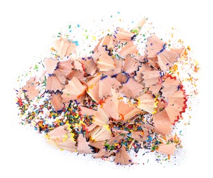 Photo of Heap of colorful pencil shavings on white background, top view