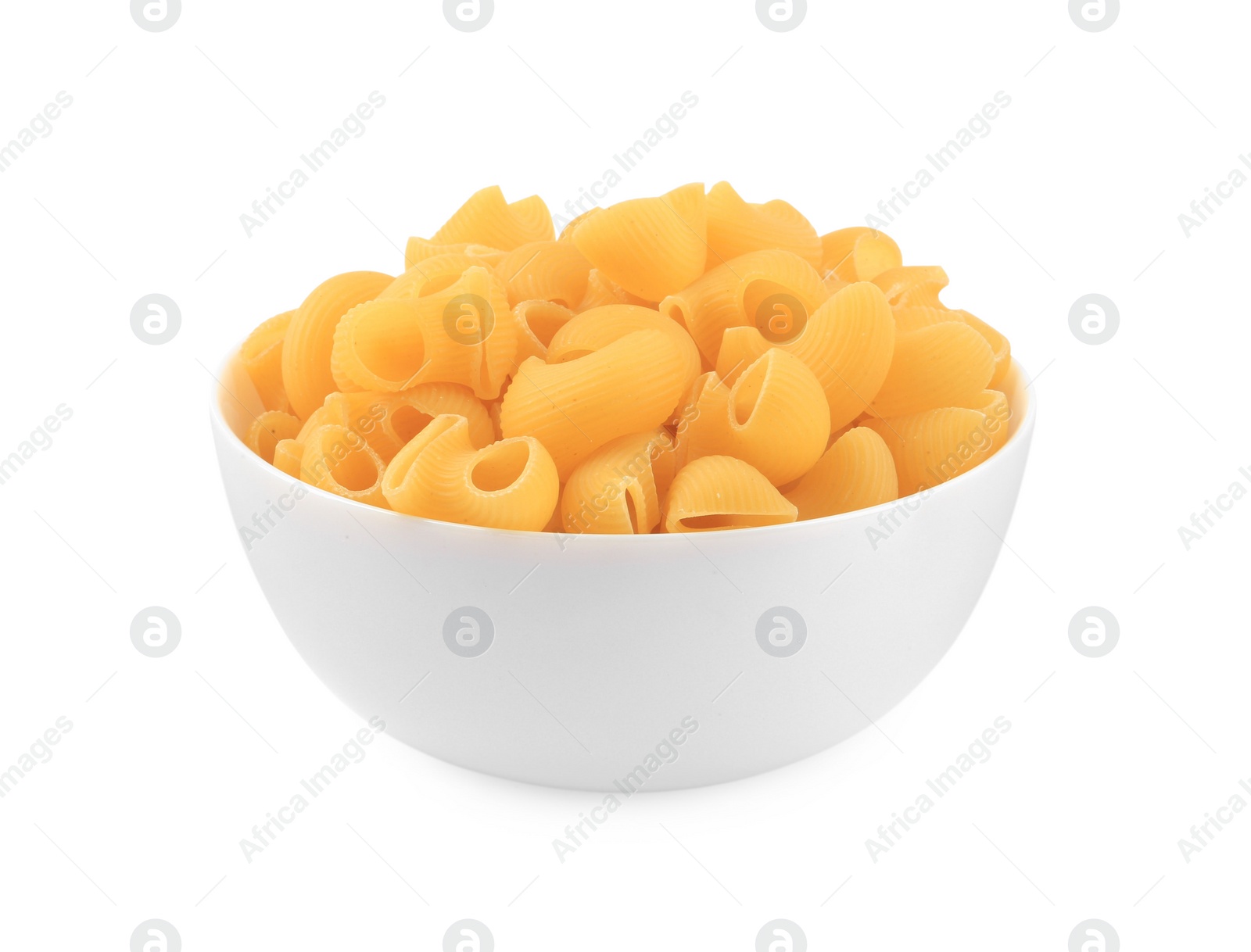 Photo of Raw macaroni pasta in bowl isolated on white