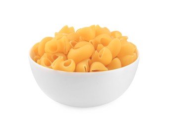 Photo of Raw macaroni pasta in bowl isolated on white
