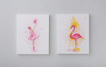 Photo of Beautiful pictures of flamingo and ballerina on grey wall. Decoration for interior design