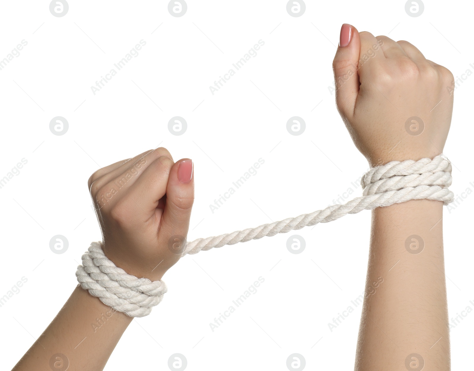 Photo of Freedom concept. Woman with tied arms on white background, closeup