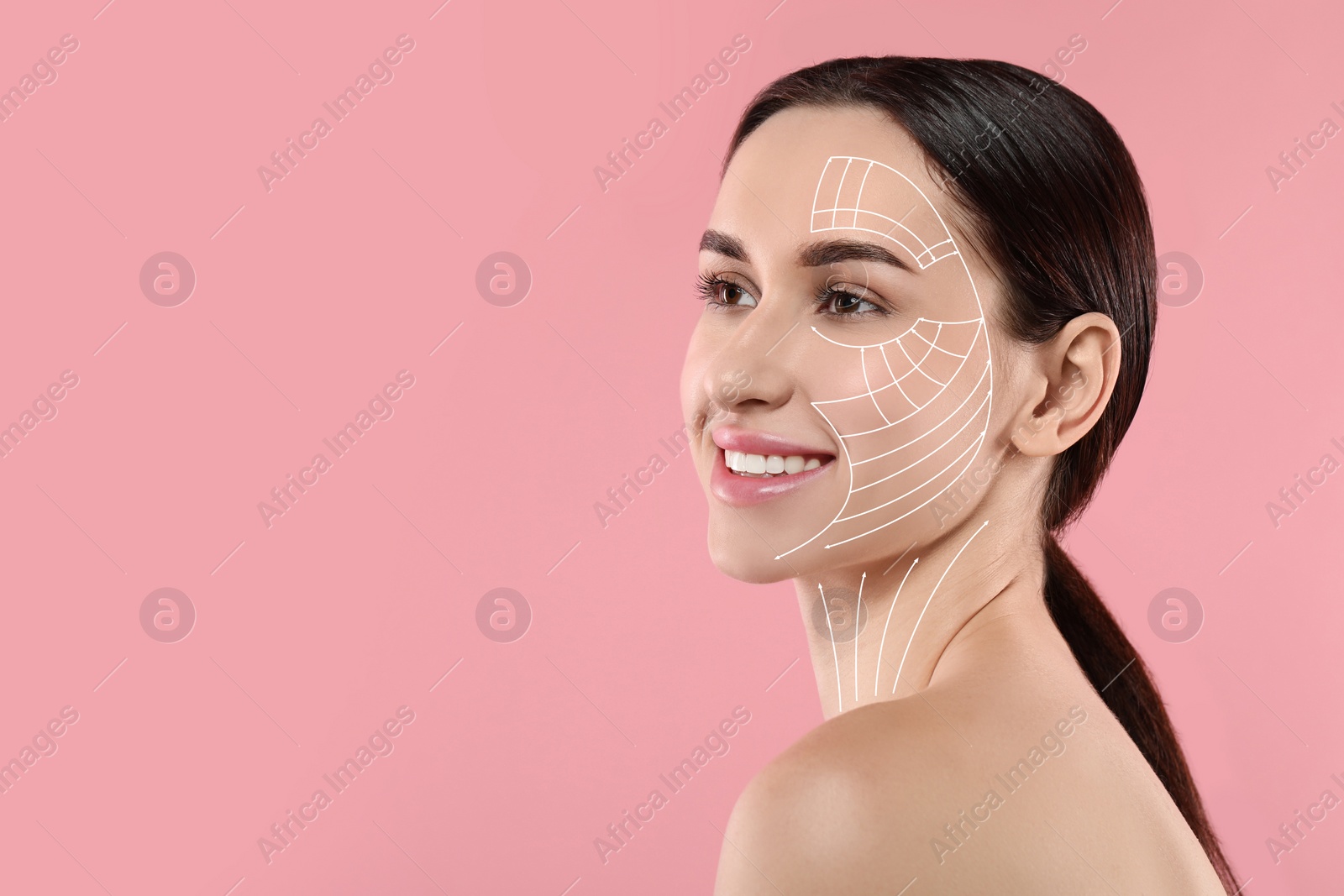 Image of Attractive woman with perfect skin after cosmetic treatment on pink background, space for text. Lifting arrows on her face