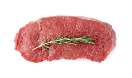 Photo of Piece of raw beef meat with rosemary isolated on white, top view