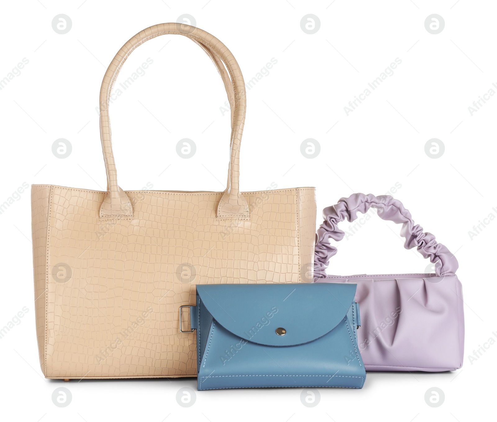 Photo of Collection of different stylish women's bags on white background