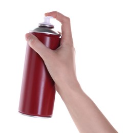 Photo of Man with can of spray paint on white background, closeup