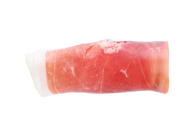 Photo of Tasty prosciutto on white background, top view