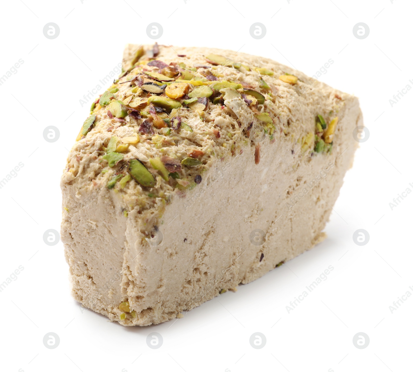 Photo of Piece of tasty halva with pistachios isolated on white