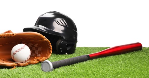 Photo of Baseball bat, ball, batting helmet and glove on artificial grass against white background