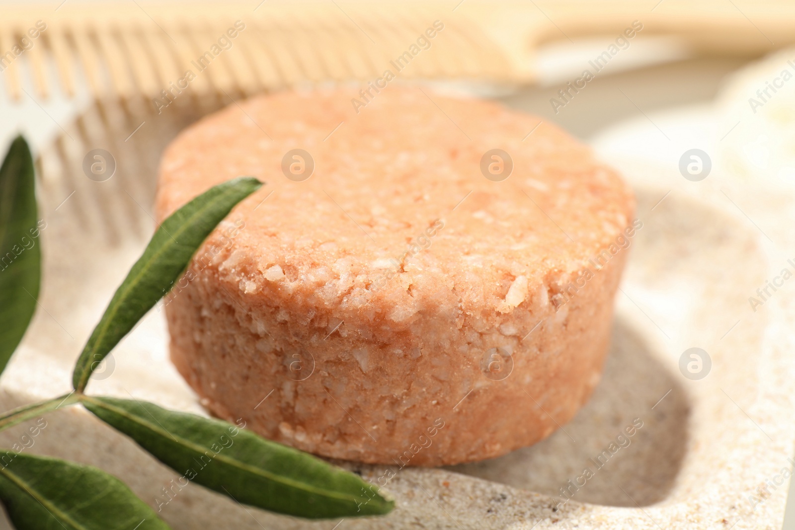 Photo of Dish with solid shampoo bar on table, closeup view