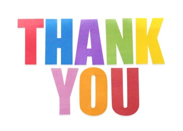 Photo of Phrase Thank You made of colorful letters on white background, top view