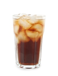 Photo of Glass of refreshing soda drink with ice cubes on white background
