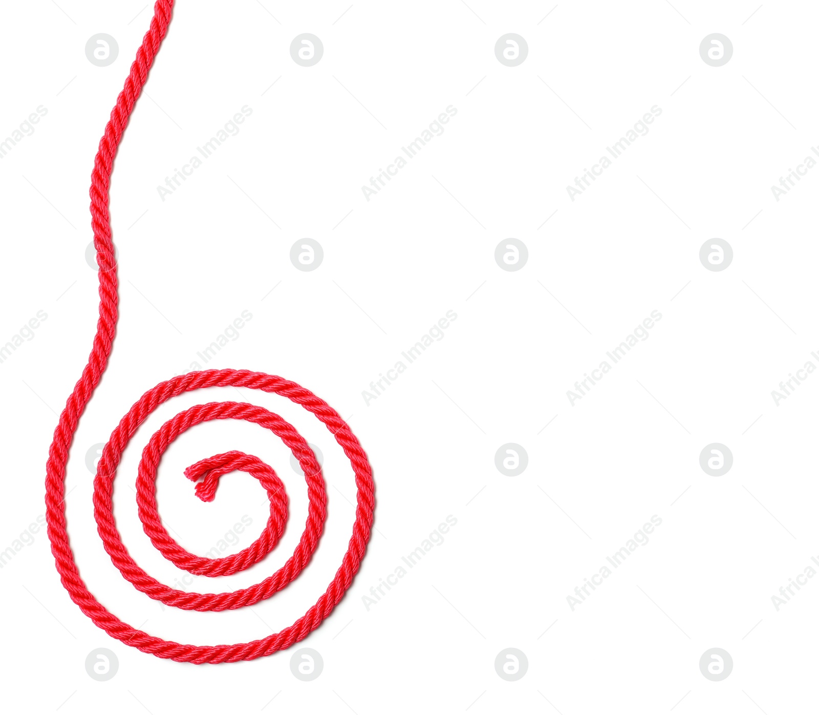 Photo of Spiral made of red rope on white background, top view with space for text