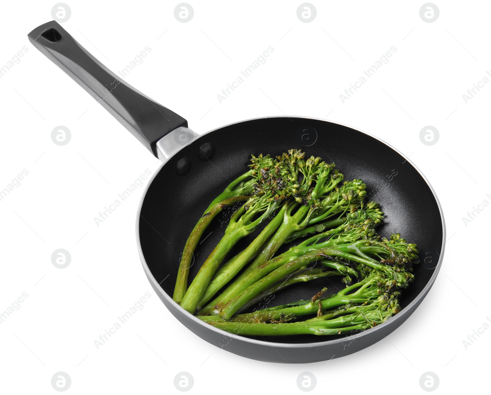 Photo of Frying pan with tasty cooked broccolini isolated on white