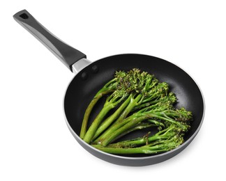 Photo of Frying pan with tasty cooked broccolini isolated on white