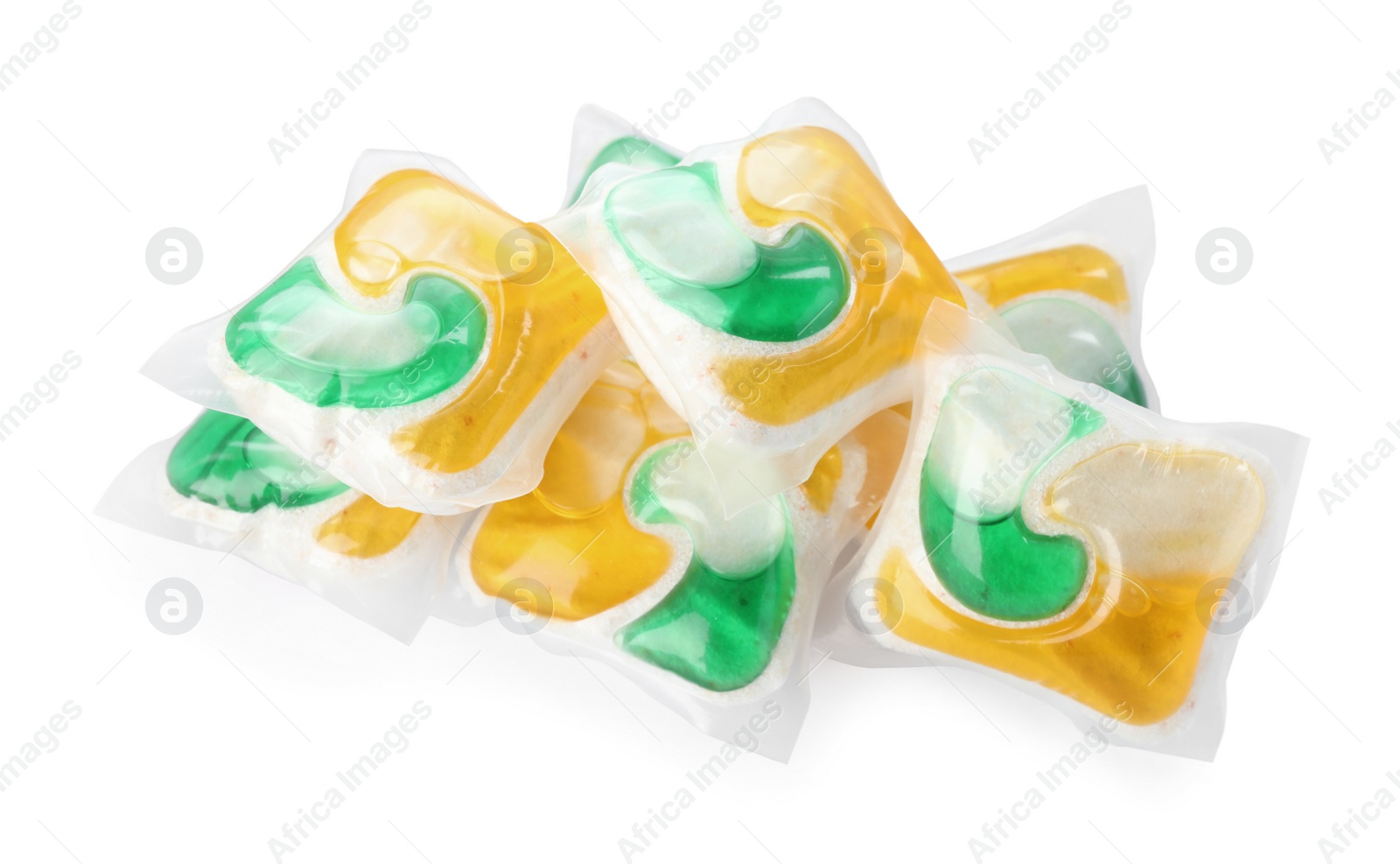 Photo of Pile of dishwasher detergent pods on white background