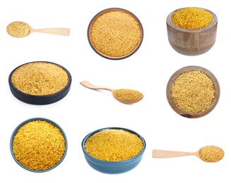 Image of Collage with spoons and bowls of uncooked bulgur on white background