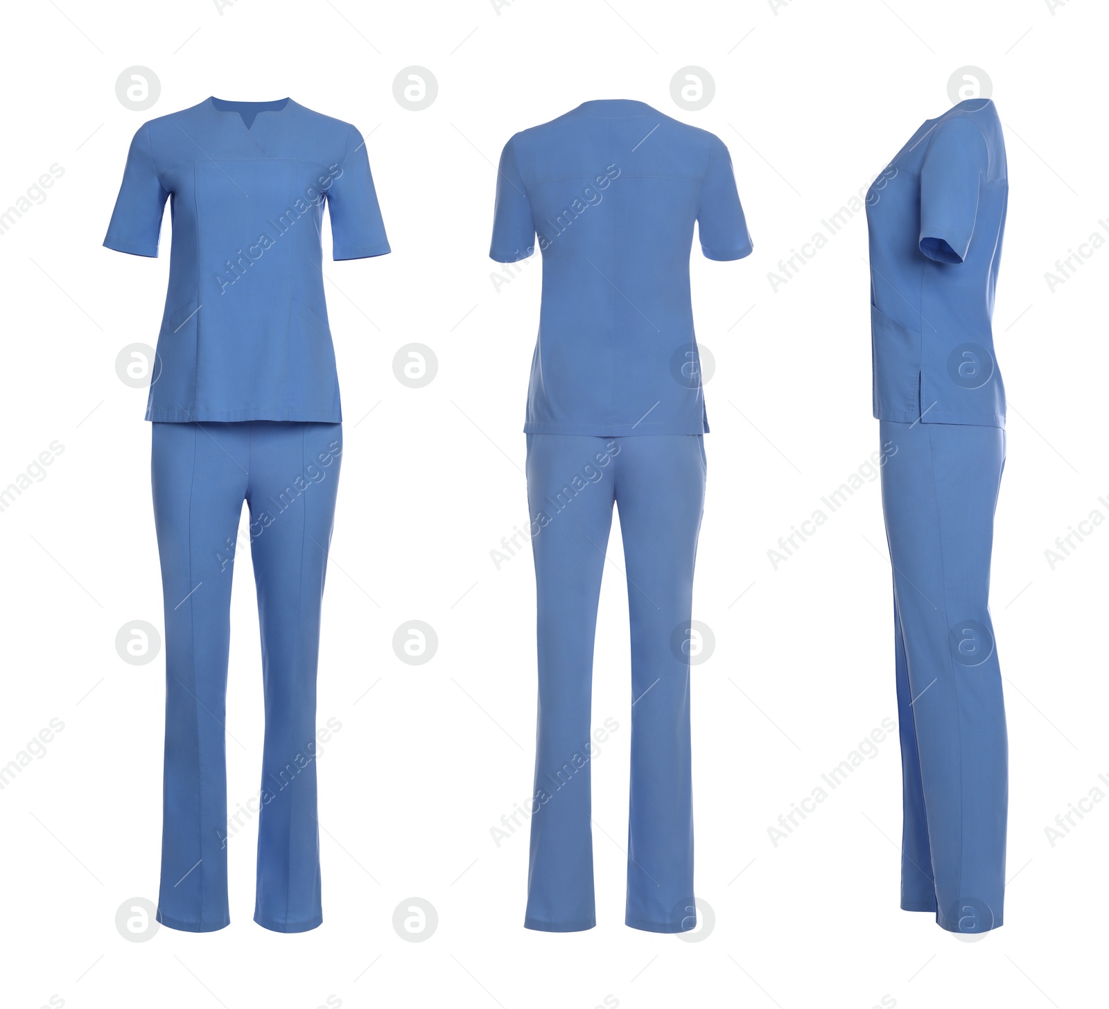 Image of Blue medical uniform isolated on white, collage with back, side and front views