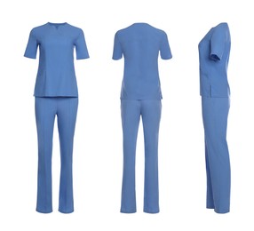 Image of Blue medical uniform isolated on white, collage with back, side and front views