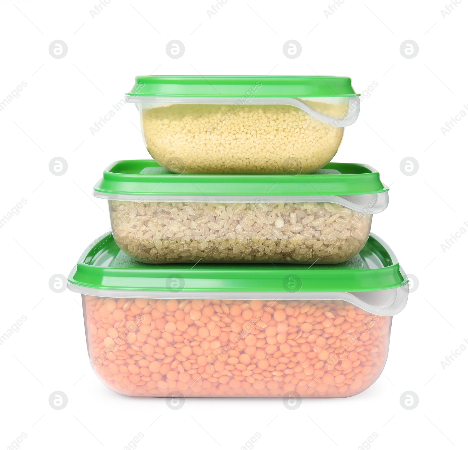 Photo of Plastic containers filled with food products isolated on white