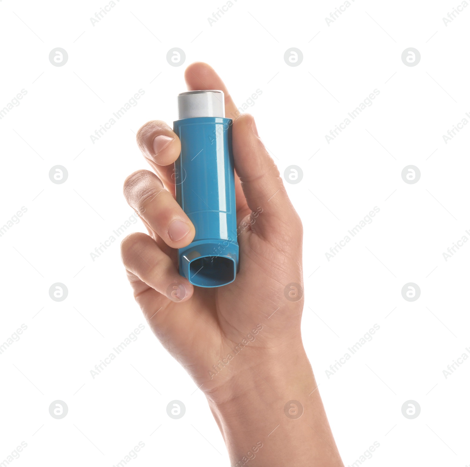 Photo of Man holding asthma inhaler on white background, closeup