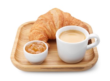 Photo of Fresh croissant, jam and coffee isolated on white. Tasty breakfast