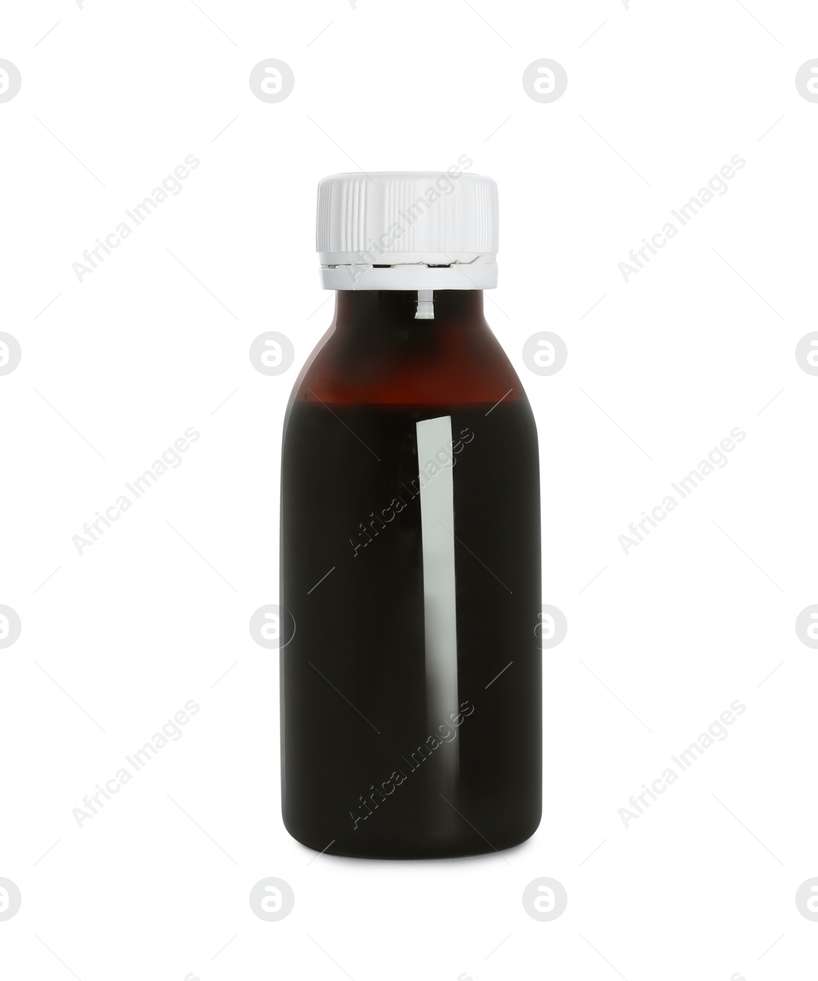 Photo of Bottle of cough syrup isolated on white