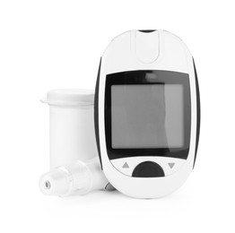 Photo of Digital glucometer, lancet pen and container on white background. Diabetes control