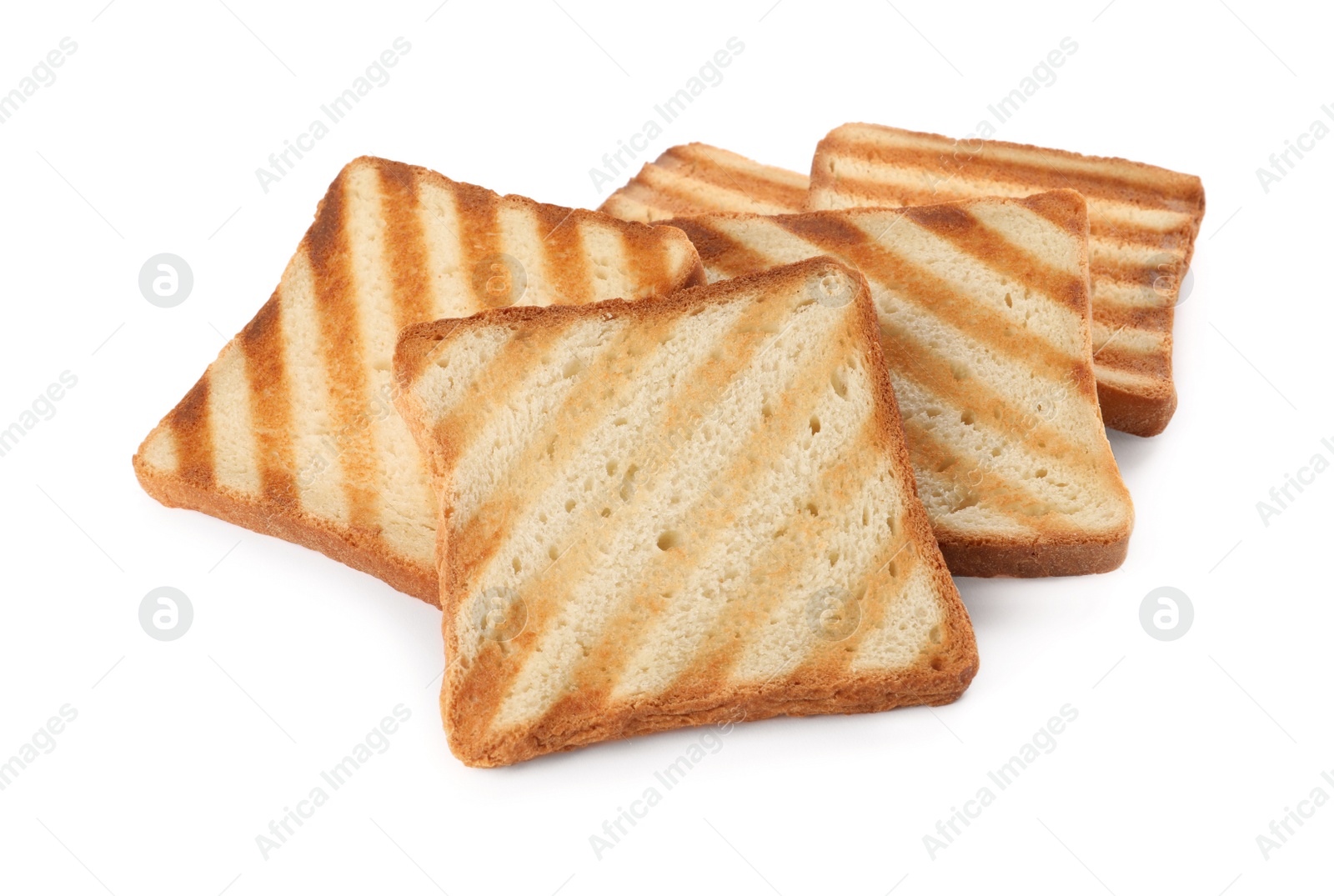 Photo of Slices of delicious toasted bread on white background