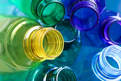 Used plastic bottles as background, closeup. Recycling problem