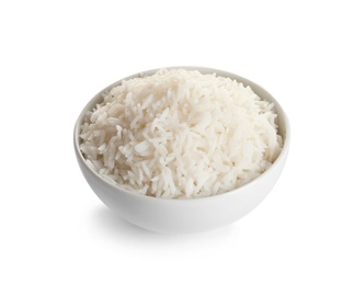 Bowl of tasty cooked rice on white background