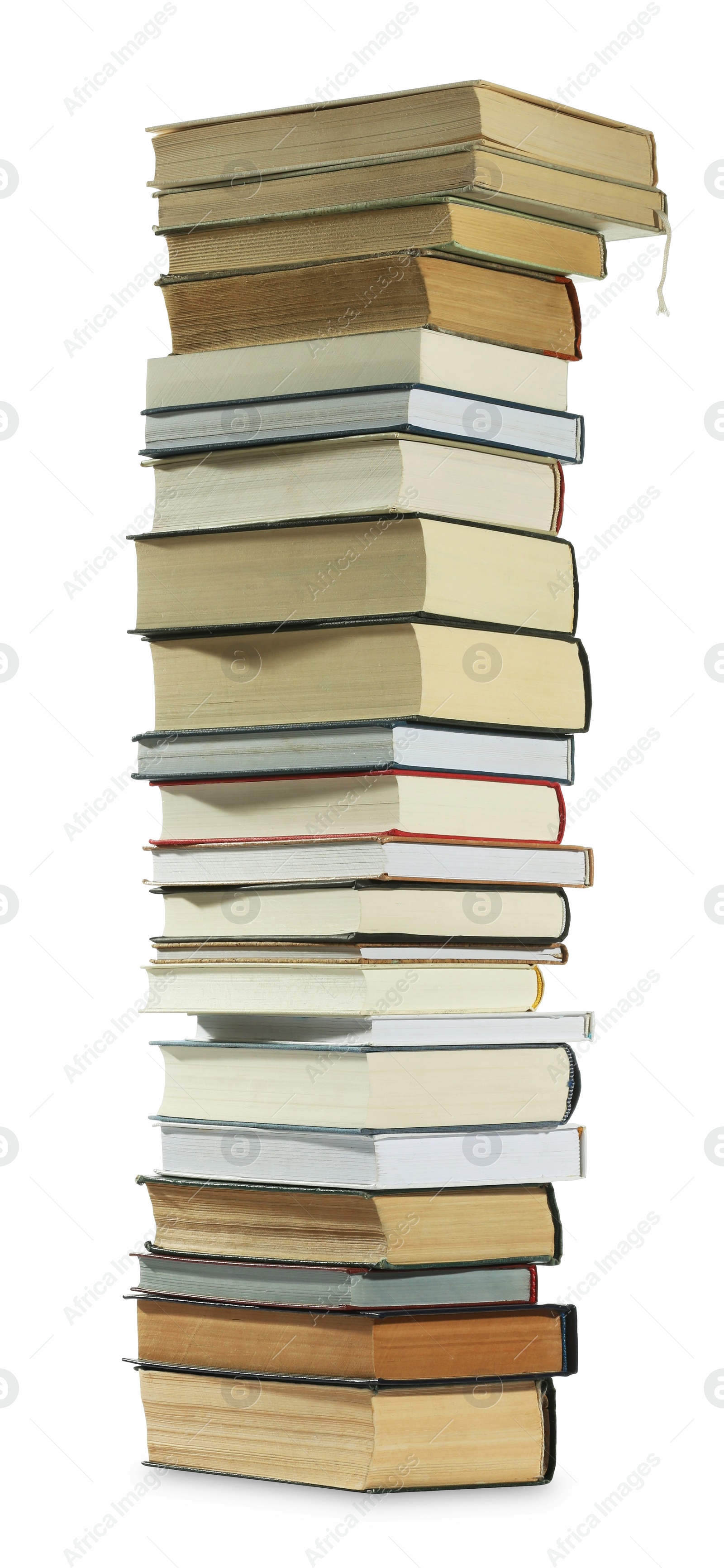 Photo of High stack of many different books isolated on white