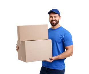 Happy courier with parcels on white background