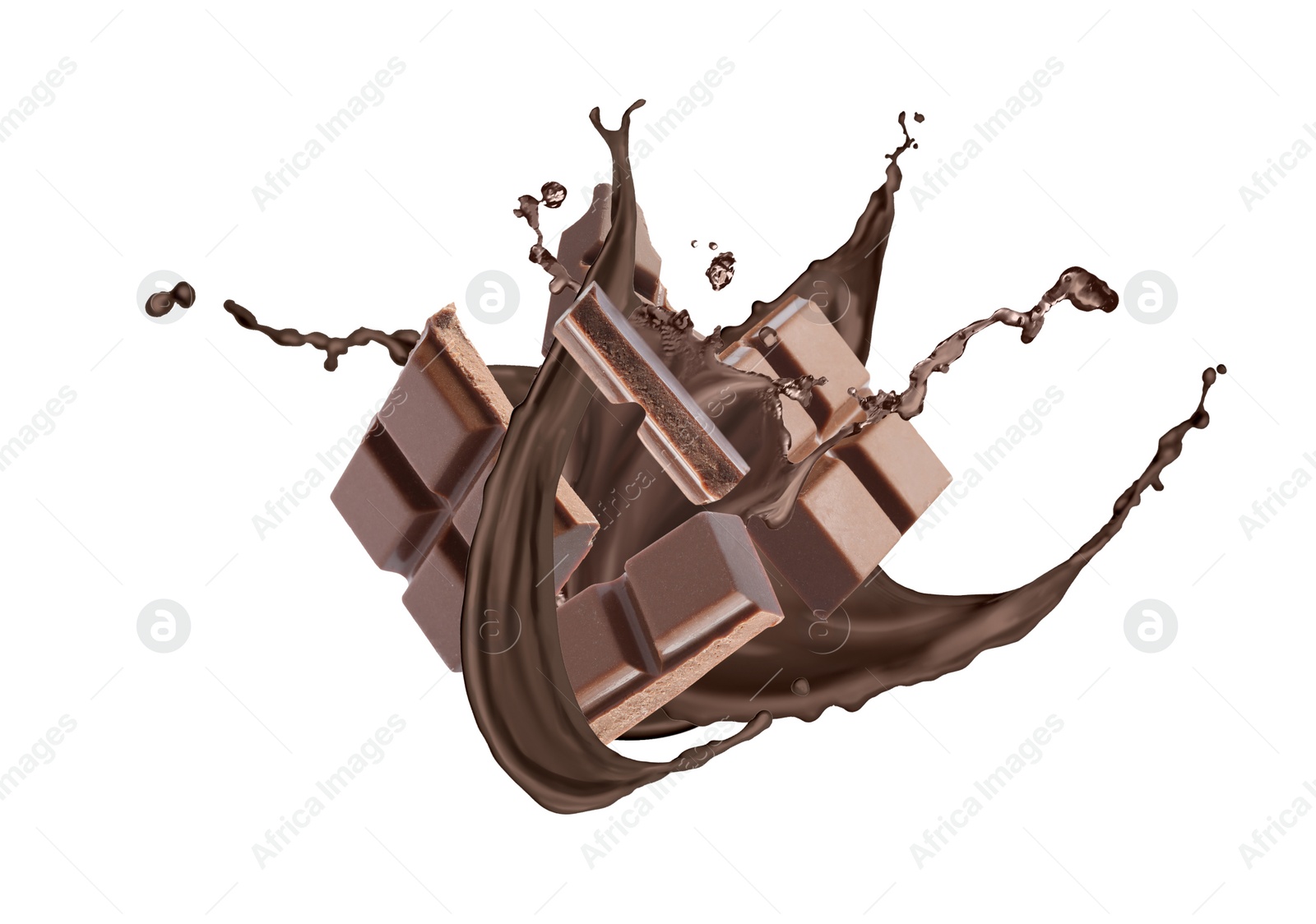 Image of Yummy melted chocolate and falling pieces on white background