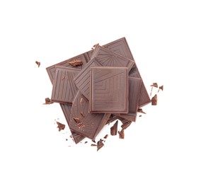 Photo of Pieces of delicious dark chocolate bar on white background, top view