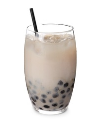 Photo of Bubble milk tea with tapioca balls in glass isolated on white
