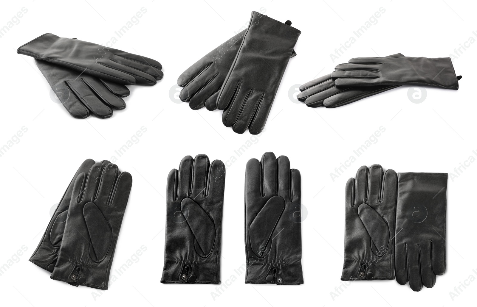 Image of Set of black leather gloves on white background 