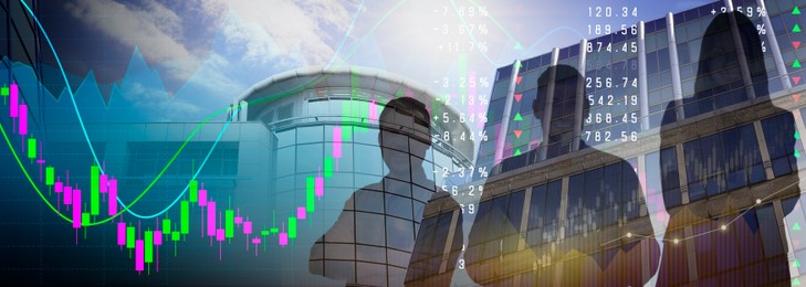Image of Multiple exposure with silhouettes of businesspeople, graphs, data and buildings, banner design