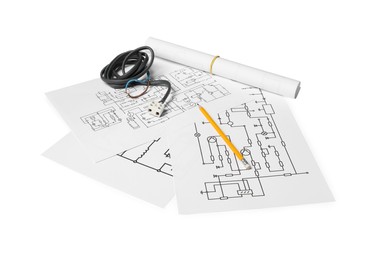 Photo of Wiring diagrams, wires and pencil isolated on white