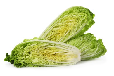 Photo of Cut fresh ripe Chinese cabbages on white background