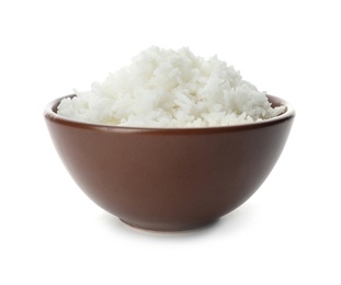 Photo of Bowl of boiled rice on white background