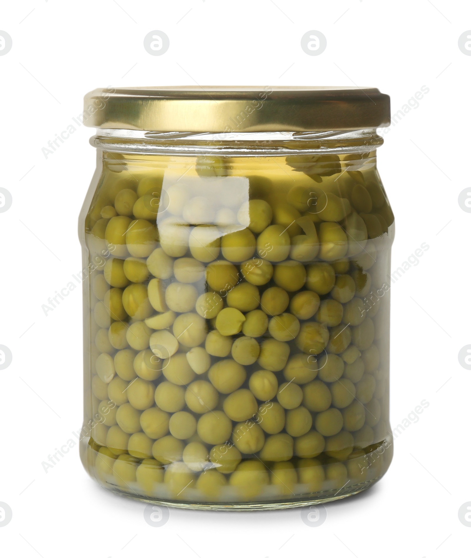 Photo of Glass jar with pickled green peas isolated on white
