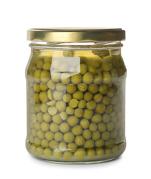 Glass jar with pickled green peas isolated on white